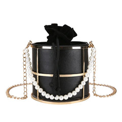 Women Bucket Bags Pearls Beaded Handle Chain Shoulder Crossbody Bags