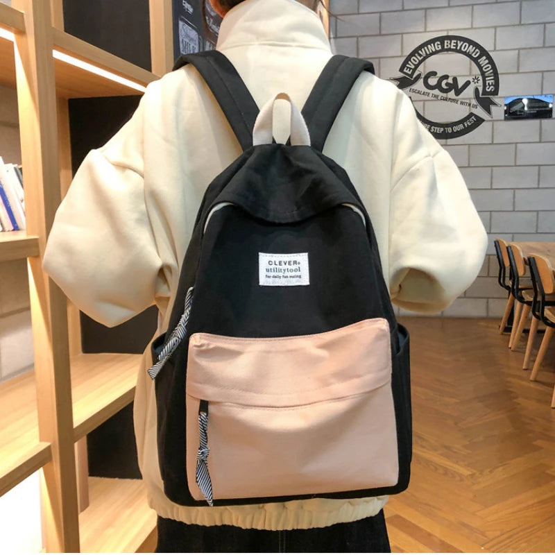 Canvas Backpack Women Shoulder Bag Stitching School Bag Teenage Girl Children