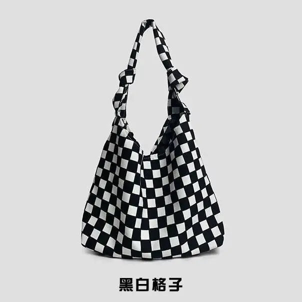Women Canvas Shoulder Bag Plaid Zipper Handbag Purse Girls Bag