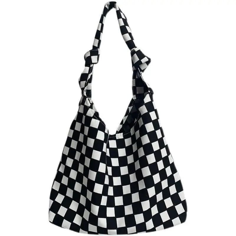 Women Canvas Shoulder Bag Plaid Zipper Handbag Purse Girls Bag