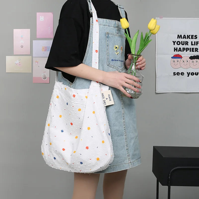 Colorful Print Polka Dots Canvas Shoulder Bag for College Girls
