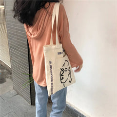 Stick Figure Printed Canvas Tote Bag for Women
