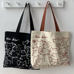 Japanese Style Cat Dog Tote Bag Hand Painted Canvas Shopper Zipper Shoulder Bags