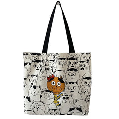 Japanese Style Cat Dog Tote Bag Hand Painted Canvas Shopper Zipper Shoulder Bags