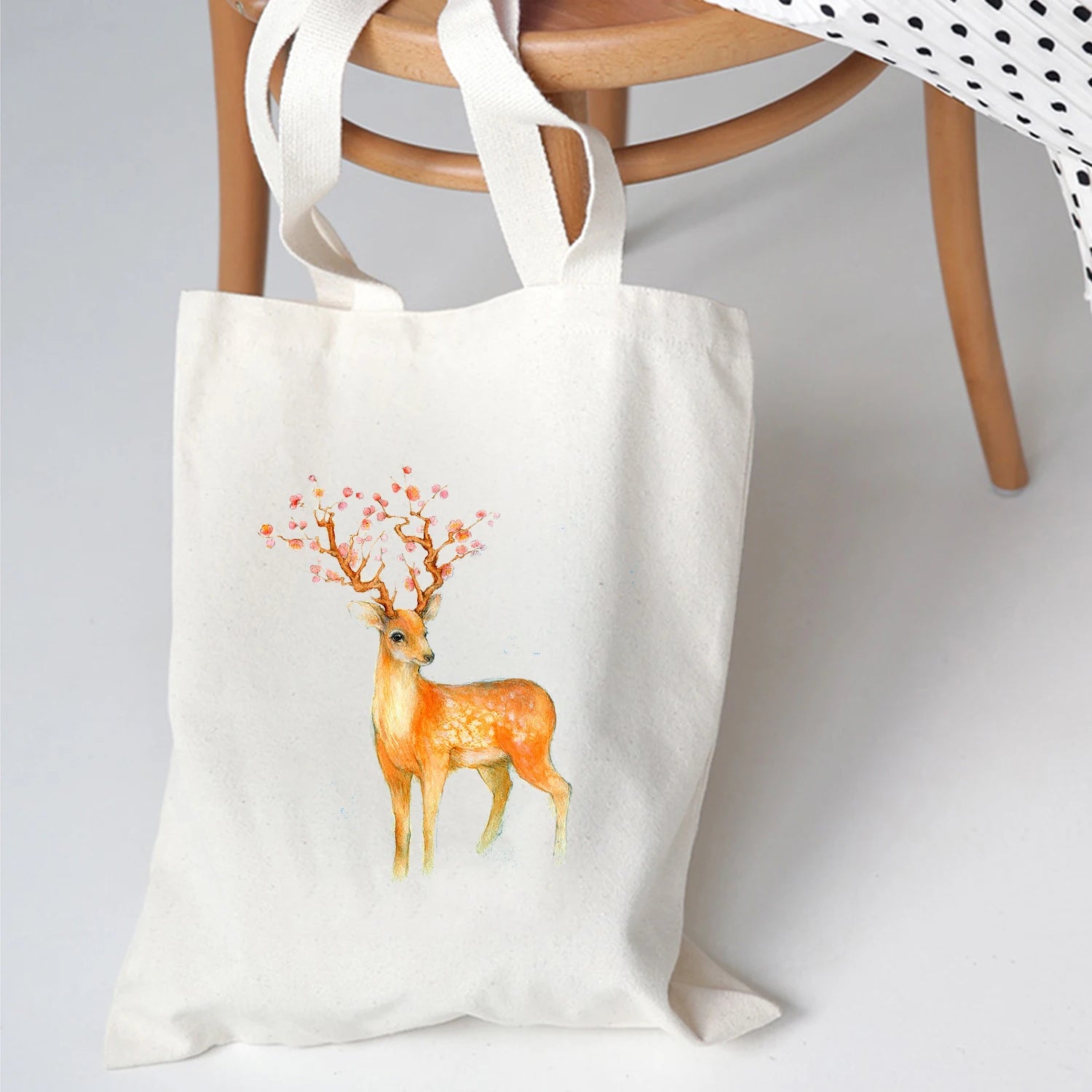 Deer Graphic Canvas Shoulder Bag Eco Tote Large-capacity