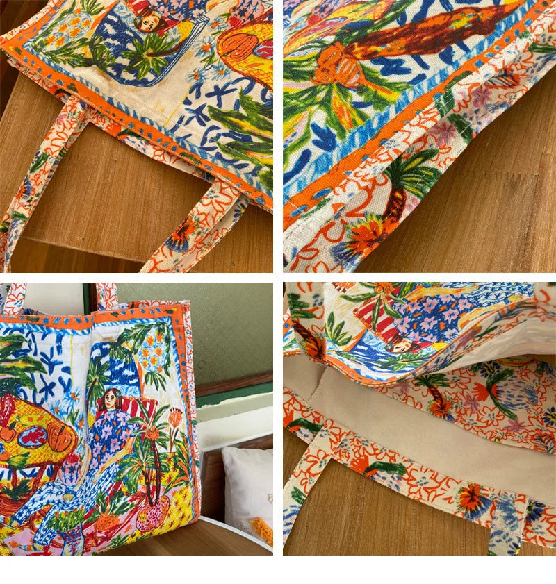 Women Canvas Eco Bag Oil Painting Ladies Shopping Bag Double Sided Printing