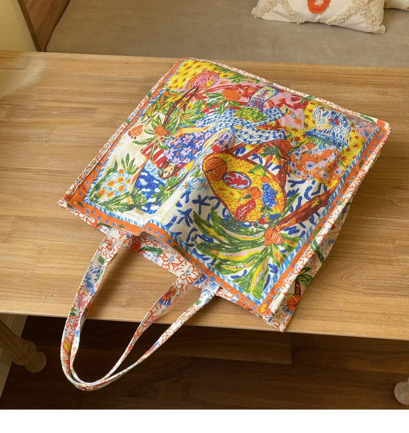 Women Canvas Eco Bag Oil Painting Ladies Shopping Bag Double Sided Printing