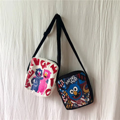 Women Canvas Flap Shoulder Bag Graffiti Print Crossbody School Handbag