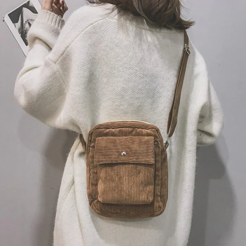 Canvas Flap Bag Preppy Style Shoulder Messenger Bag Corduroy Satchel