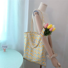 Canvas Flower Shoulder Bag Retro Floral Big Shopping Bags