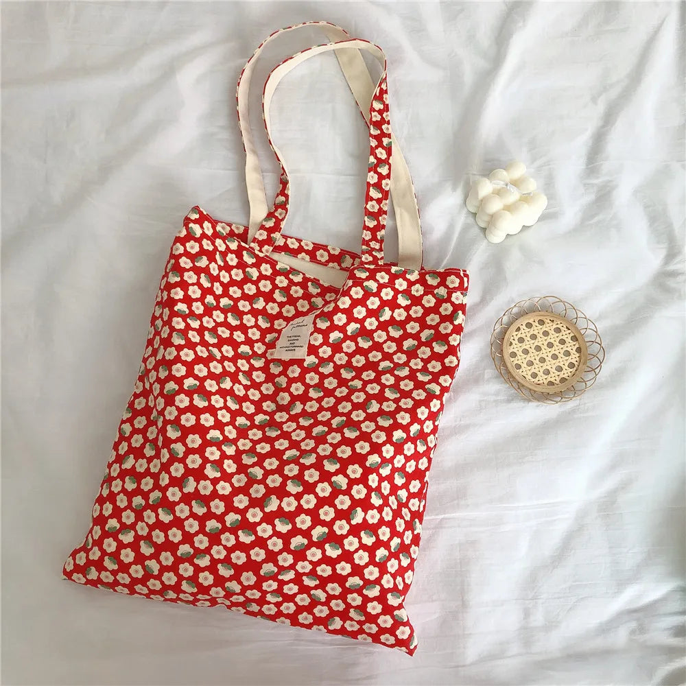 Canvas Flower Shoulder Bag Retro Floral Big Shopping Bags