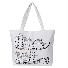 Cat Printed Canvas Handbag Large Capacity Beach Tote Bag