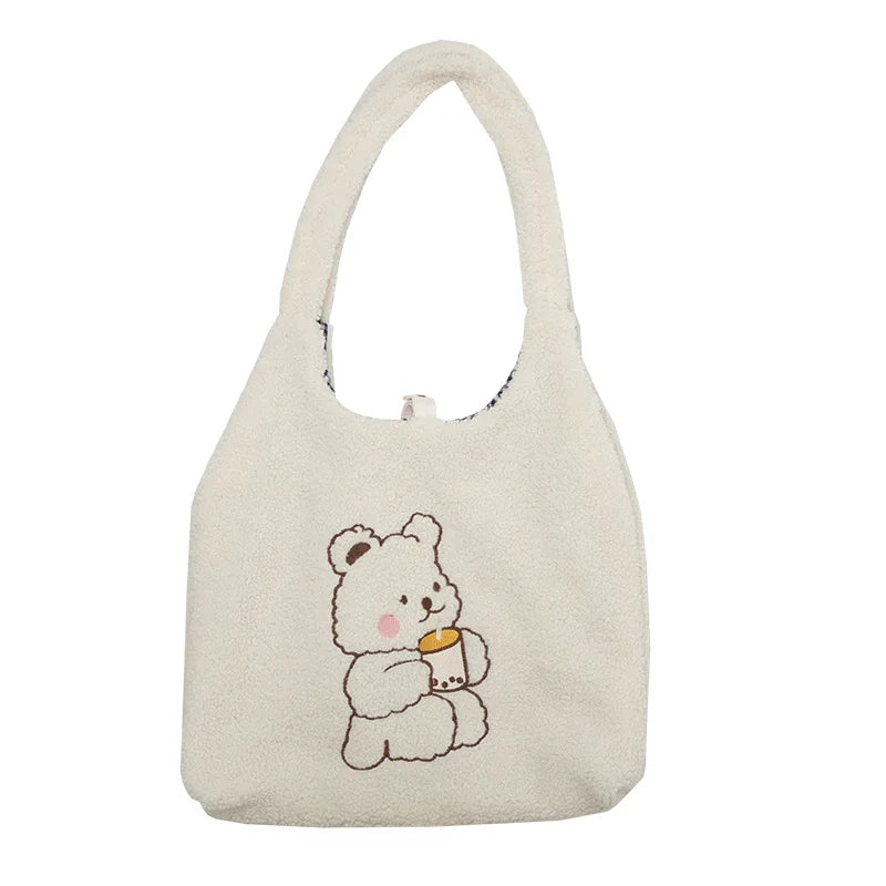 Canvas Plush Shoulder Bag with Bear Embroidery