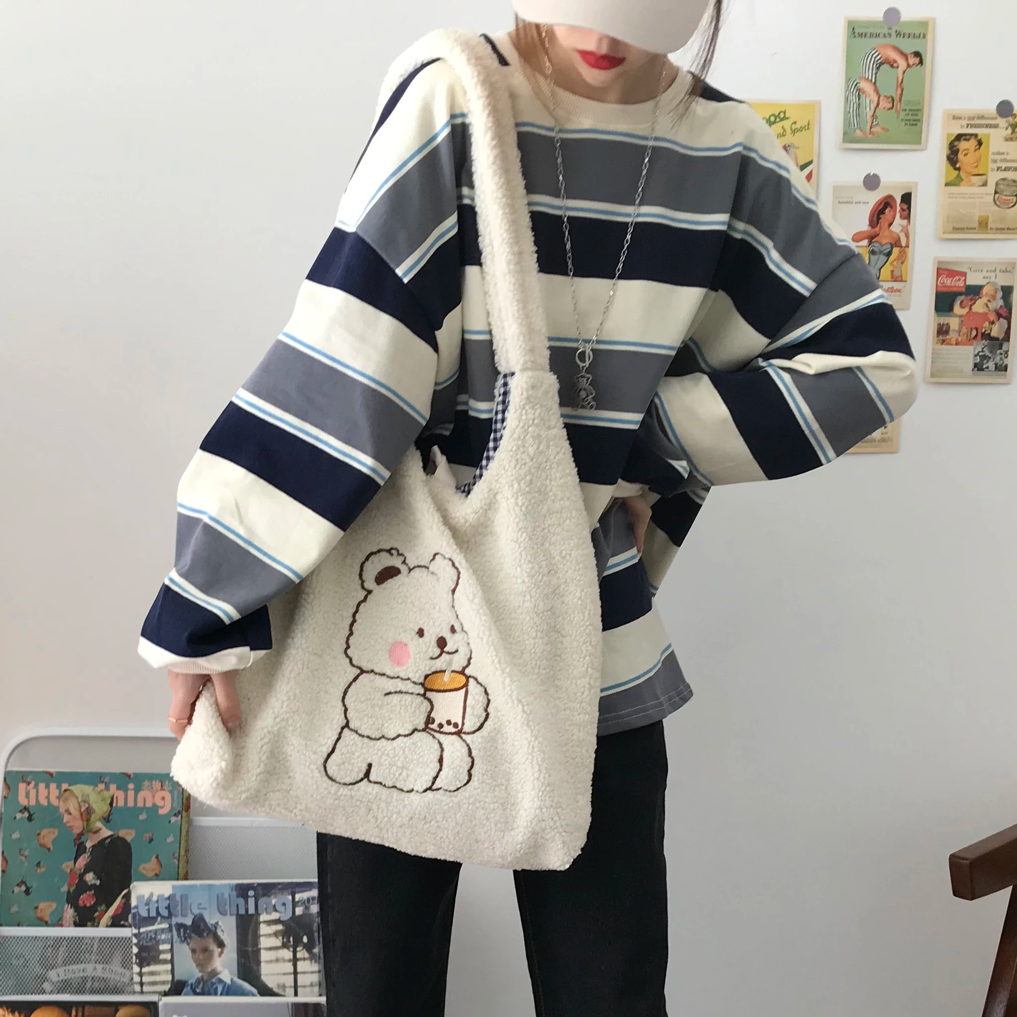 Canvas Plush Shoulder Bag with Bear Embroidery