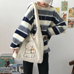 Canvas Plush Shoulder Bag with Bear Embroidery