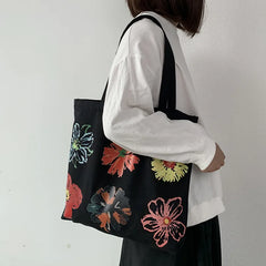 Flower Canvas Shopping Bag Large Capacity Shoulder Tote Handbag