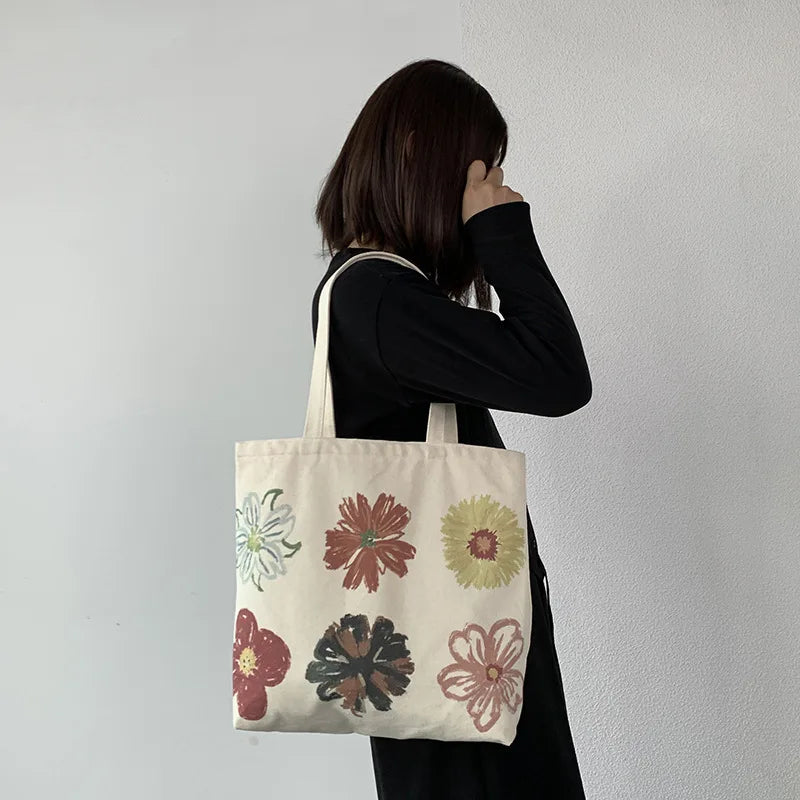 Flower Canvas Shopping Bag Large Capacity Shoulder Tote Handbag