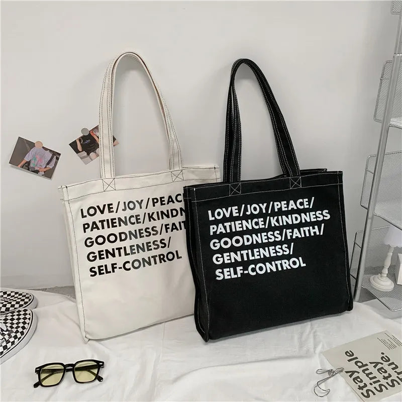 Women Canvas Shopping Bag Love Peace Letter Print Eco Handbag Tote