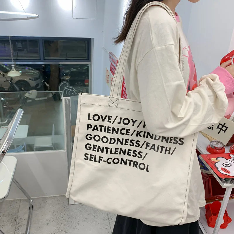 Women Canvas Shopping Bag Love Peace Letter Print Eco Handbag Tote