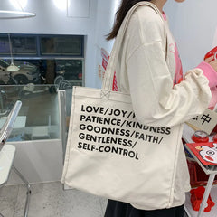 Women Canvas Shopping Bag Love Peace Letter Print Eco Handbag Tote