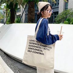 Women Canvas Shopping Bag Love Peace Letter Print Eco Handbag Tote