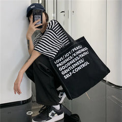 Women Canvas Shopping Bag Love Peace Letter Print Eco Handbag Tote