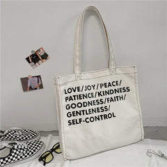 Women Canvas Shopping Bag Love Peace Letter Print Eco Handbag Tote