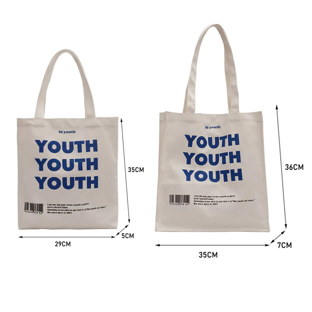 YOUTH Letters Print Canvas Shopping Bag Female Eco Handbag Tote