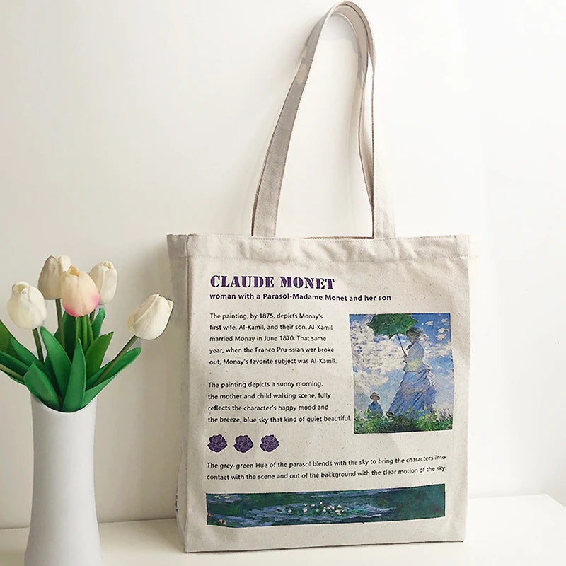 Women Canvas Shopping Bags Female Art Oil Painting Printed Shoulder Bags