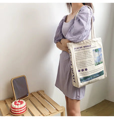 Women Canvas Shopping Bags Female Art Oil Painting Printed Shoulder Bags