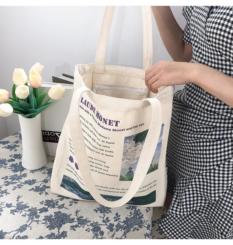 Women Canvas Shopping Bags Female Art Oil Painting Printed Shoulder Bags