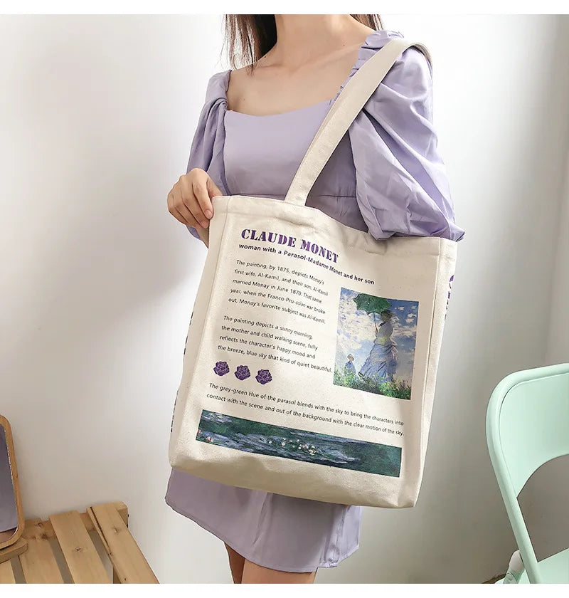 Women Canvas Shopping Bags Female Art Oil Painting Printed Shoulder Bags