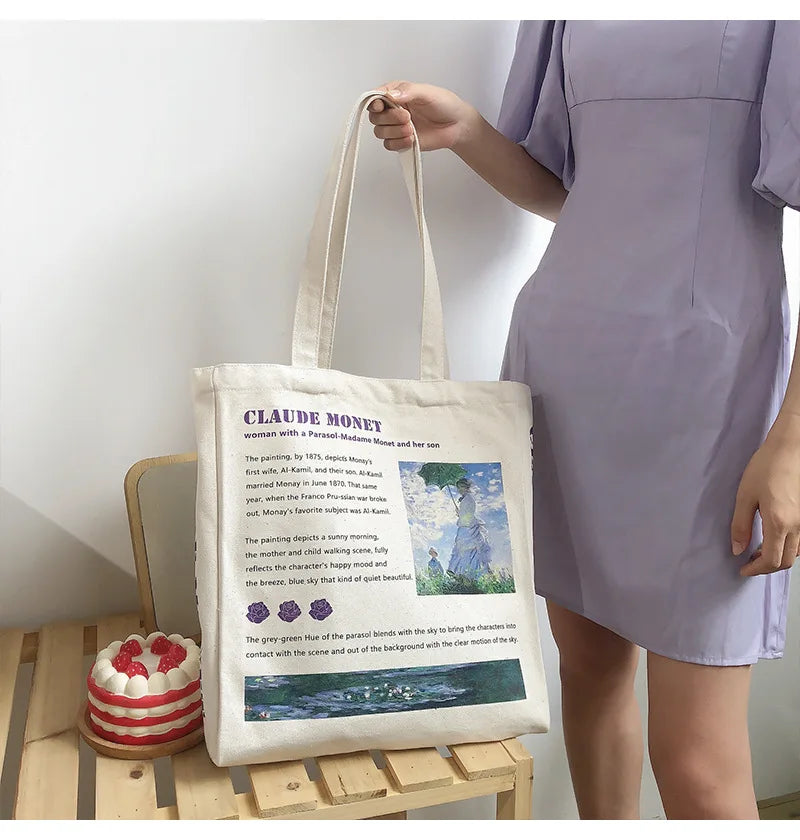 Women Canvas Shopping Bags Female Art Oil Painting Printed Shoulder Bags