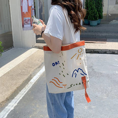 Embroidered Webbing Women Canvas Shoulder Bag Tote for Girls