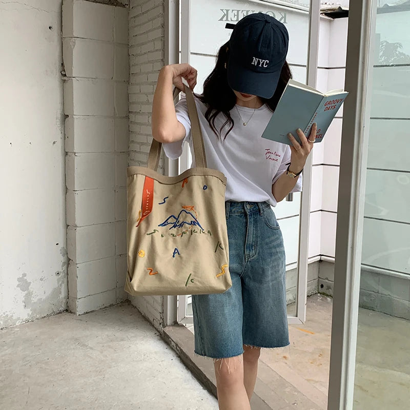 Embroidered Webbing Women Canvas Shoulder Bag Tote for Girls