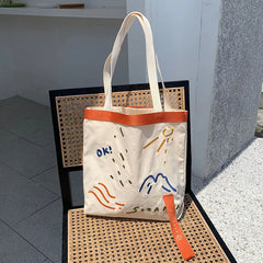 Embroidered Webbing Women Canvas Shoulder Bag Tote for Girls