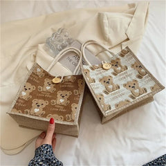 Women Canvas Shoulder Bag Bear Linen Print Casual Handbag Tote Bag