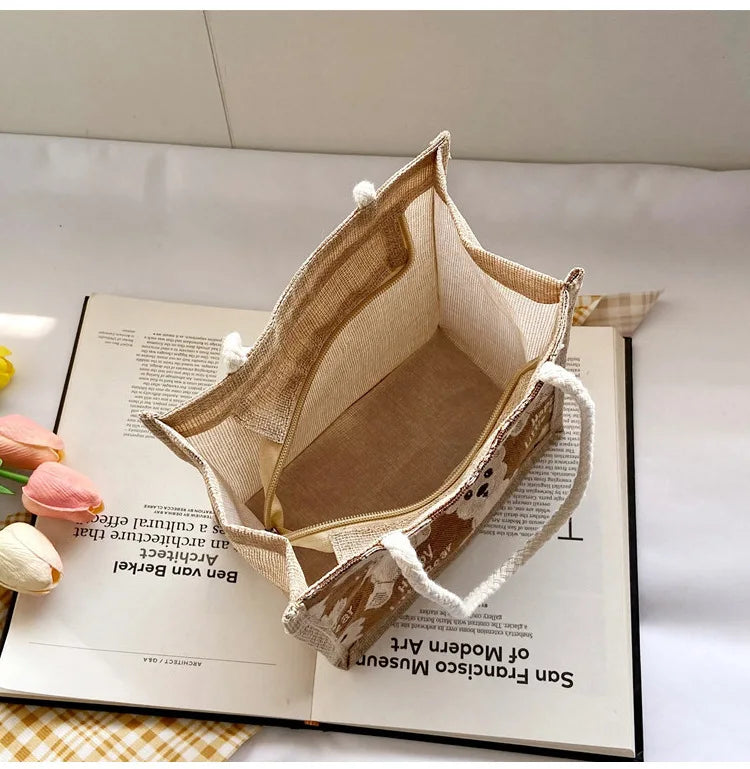 Women Canvas Shoulder Bag Bear Linen Print Casual Handbag Tote Bag