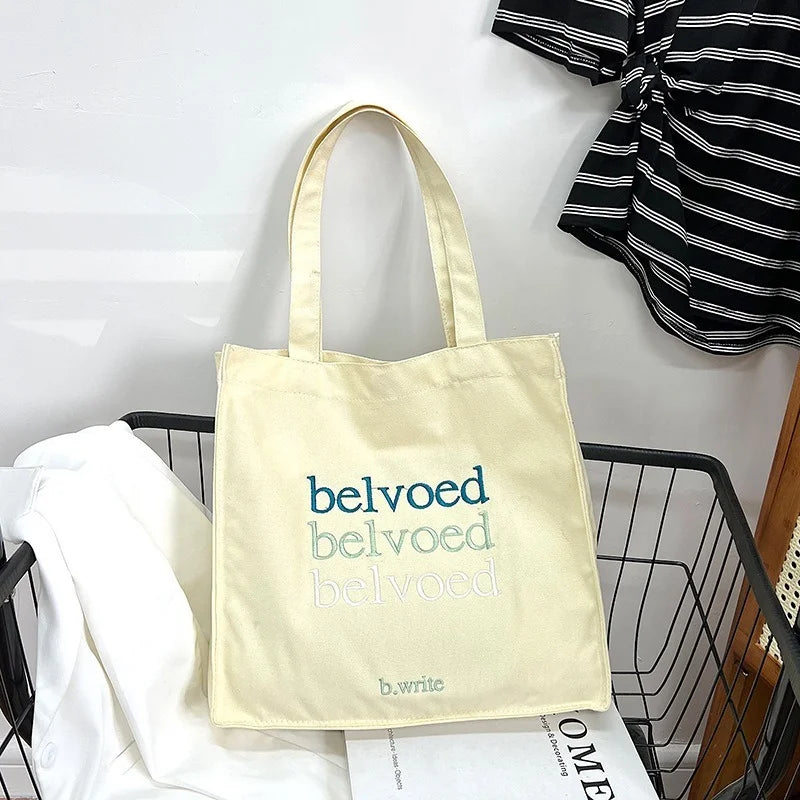 Women Canvas Shoulder Bag Beloved Embroidery Shopping Bags