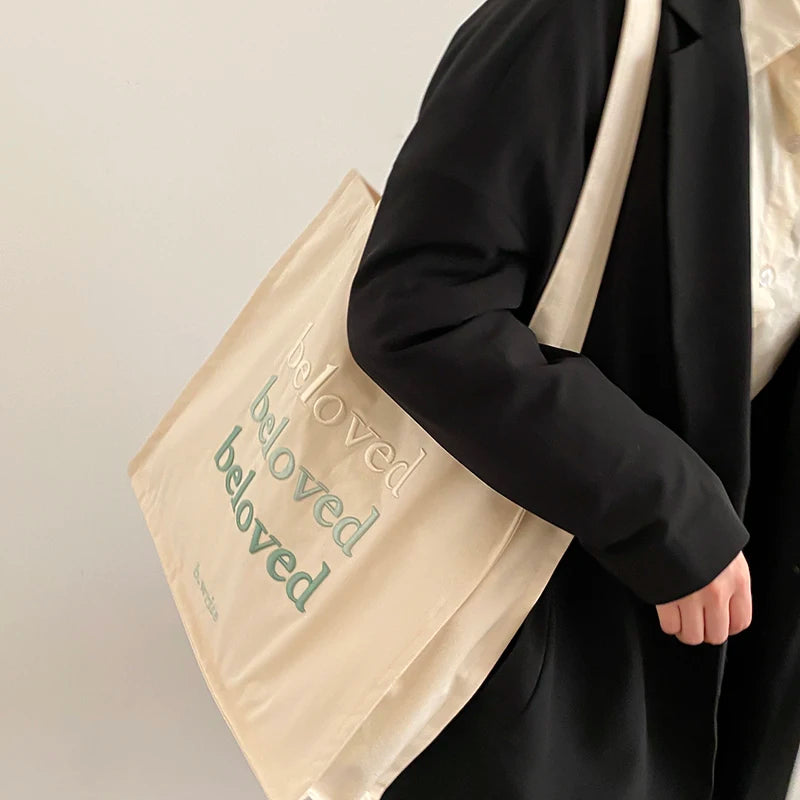 Women Canvas Shoulder Bag Beloved Embroidery Shopping Bag Girls Handbag