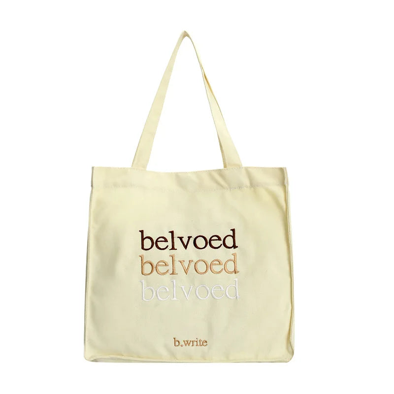 Women Canvas Shoulder Bag Beloved Embroidery Shopping Bags