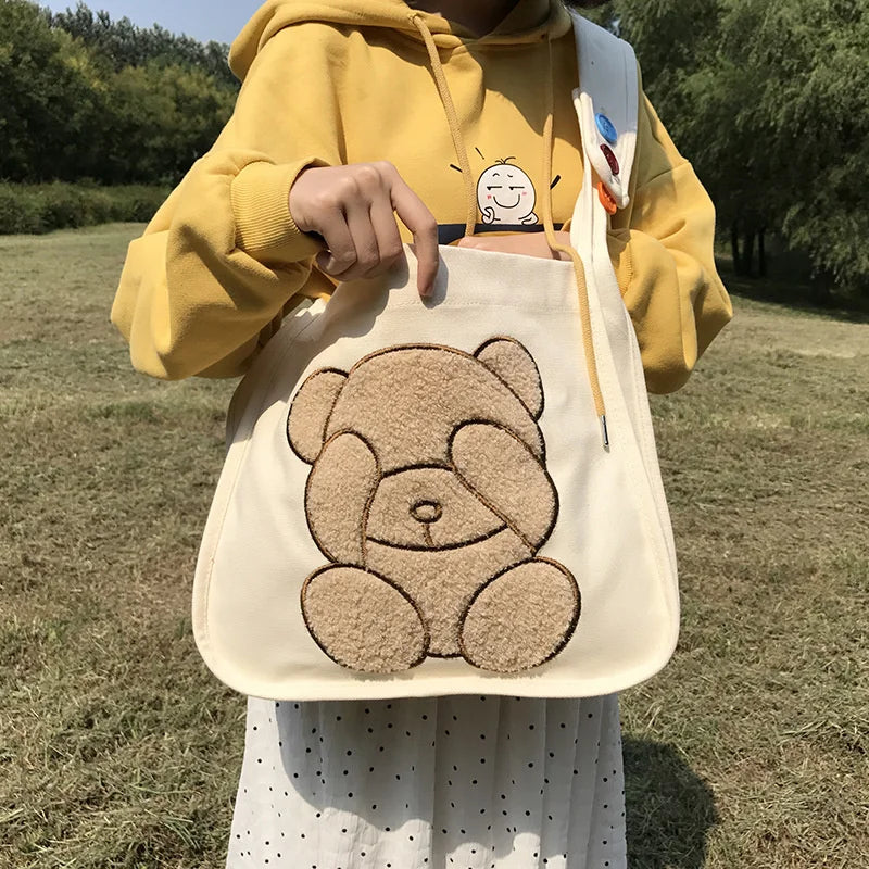 Embroidered Bear Pattern Canvas Shoulder Bag for College Girls