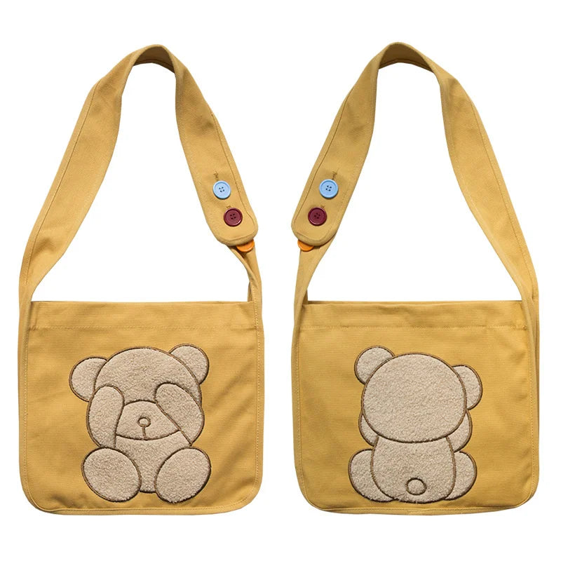 Embroidered Bear Pattern Canvas Shoulder Bag for College Girls