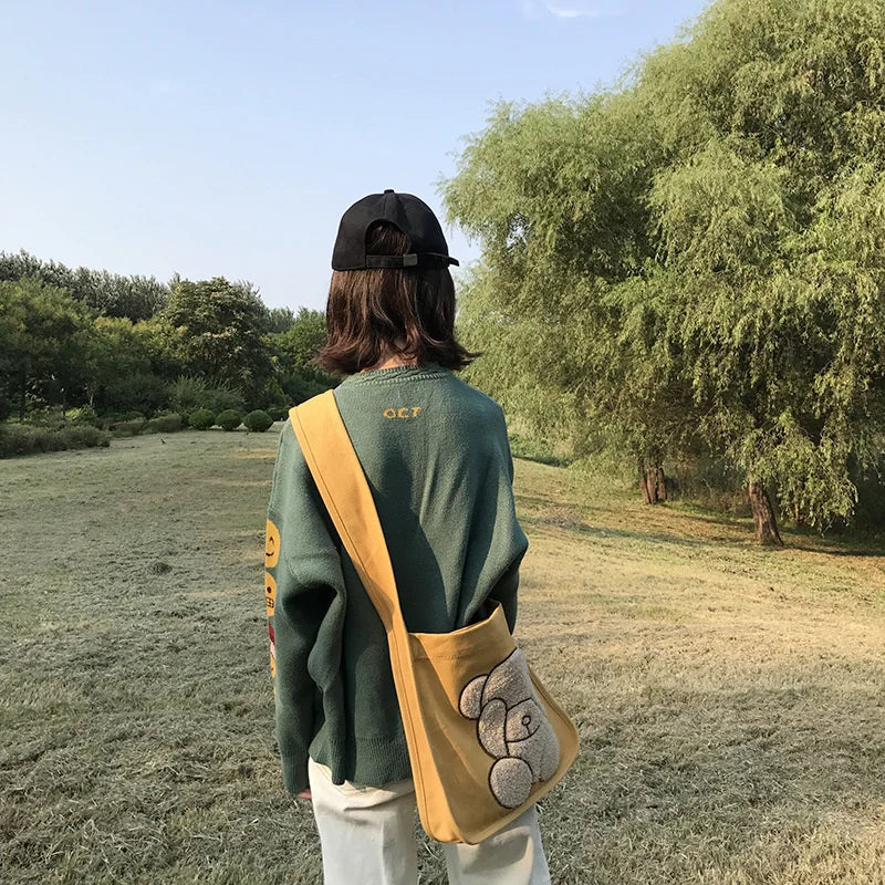 Embroidered Bear Pattern Canvas Shoulder Bag for College Girls