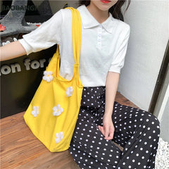 Women Canvas Shoulder Bag Bright Daisies Cotton Cloth Handbag Female