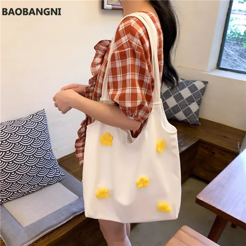 Women Canvas Shoulder Bag Bright Daisies Cotton Cloth Handbag Female