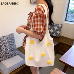 Women Canvas Shoulder Bag Bright Daisies Cotton Cloth Handbag Female