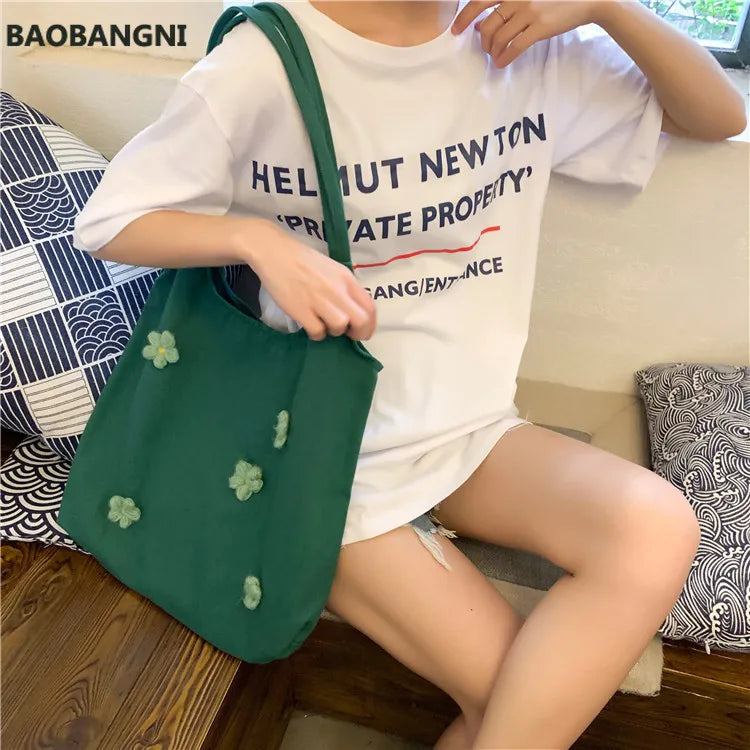 Women Canvas Shoulder Bag Bright Daisies Cotton Cloth Handbag Female
