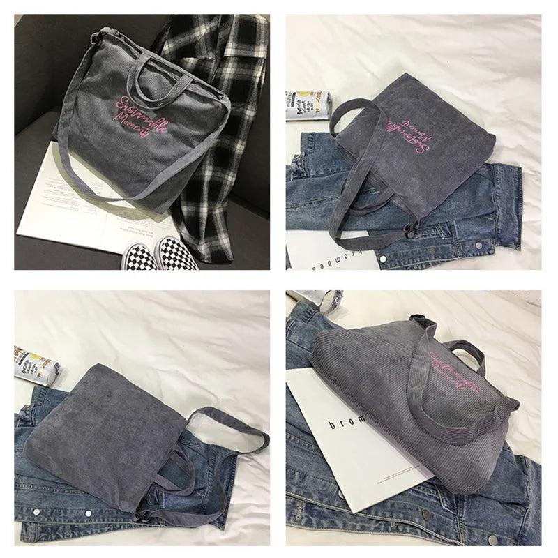 Women Corduroy Canvas Shoulder Bag Tote Casual Shopping Handbag