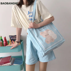 Canvas Shoulder Bag Bear Bunny Print Handbag Casual Tote Students Books Bags